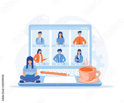 video conference remote working on laptop computer, people connecting together, learning or meeting online with teleconference, flat vector modern illustration