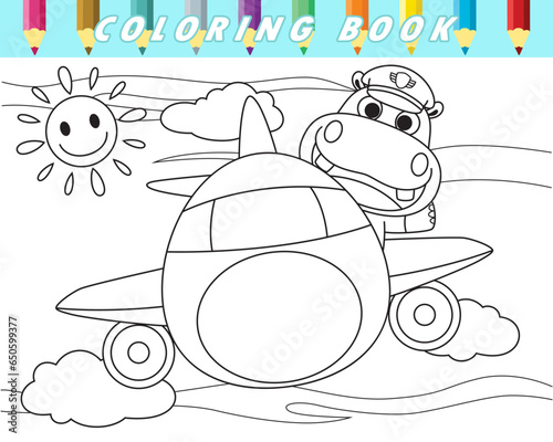 Coloring book of cute hippo on airplane. Vector cartoon illustration