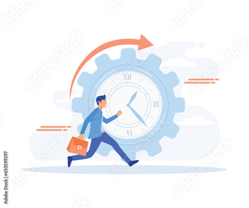 Time management, control. Businessman run along gear in form of clock. Organization of process. flat vector modern illustration  