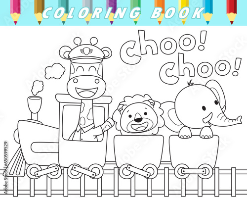 Coloring book of cute animals on steam train. Vector cartoon illustration