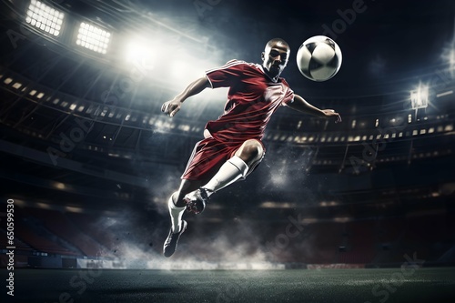 Fußballspieler im Stadion schießt Ball, dynamische Spielszene, erstellt mit generativer KI