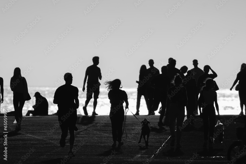 Obraz premium Monochrome shot of silhouettes of people walking on the hill by the sea
