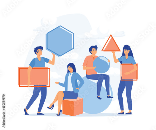 Concept of teamwork, People organize abstract geometric shapes scattered around them. colleagues work together on creative project. flat vector modern illustration