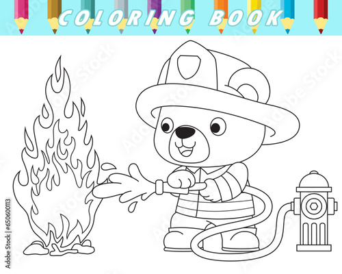 Coloring book of cute teddy bear in fireman costume extinguish flame with fire hose. Vector cartoon illustration