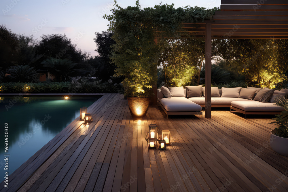 a lavish side outside garden at morning, with a teak hardwood deck and a black pergola. Scene in the evening with couches and lounge chairs by the pool
