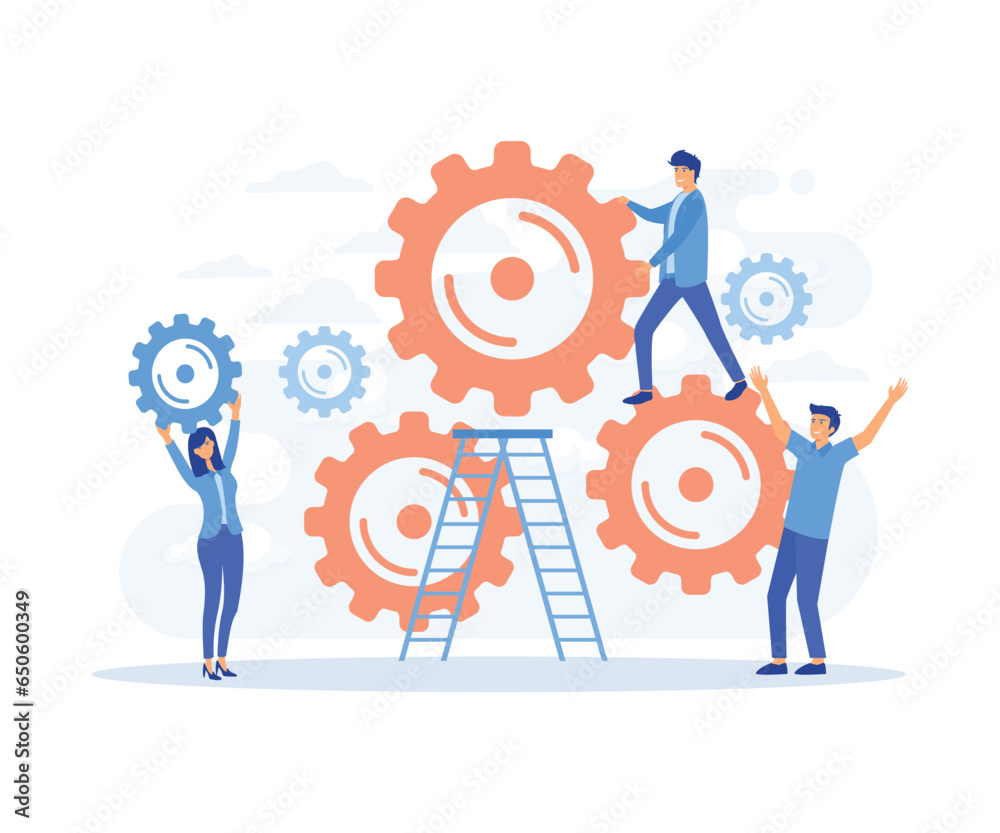 mechanism teamwork. Man and woman business organization with circle gear, flat vector modern illustration mechanism teamwork. Man and woman business organization with circle gear, flat vector modern illustration