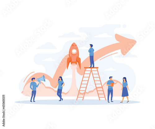 People challenge teamwork up, Business analytics in cloud arrow leadership company. Growth with rocket investment service, flat vector modern illustration