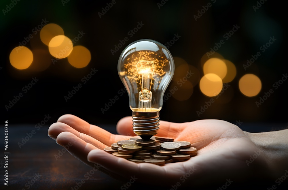 Obraz na płótnie Idea Currency: Hand Holding Lightbulb with Coins w salonie
