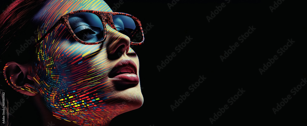 fashion portrait of beautiful woman in sunglasses on dark background, panoramic layout. Generative Ai fashion portrait of beautiful woman in sunglasses on dark background, panoramic layout. Generative Ai