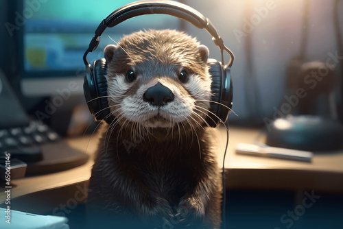 Cute otter listen to music using headphones Created with Generative AI photo