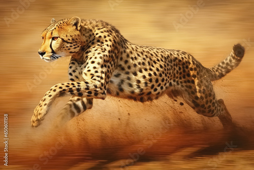 Cheetah adult running through savannah. Generative Ai