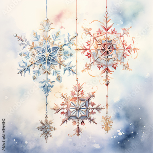 Fine pastel Watercolor Christmas Card Art of hanging Snowflakes  made with Generative AI  Midjourney  
