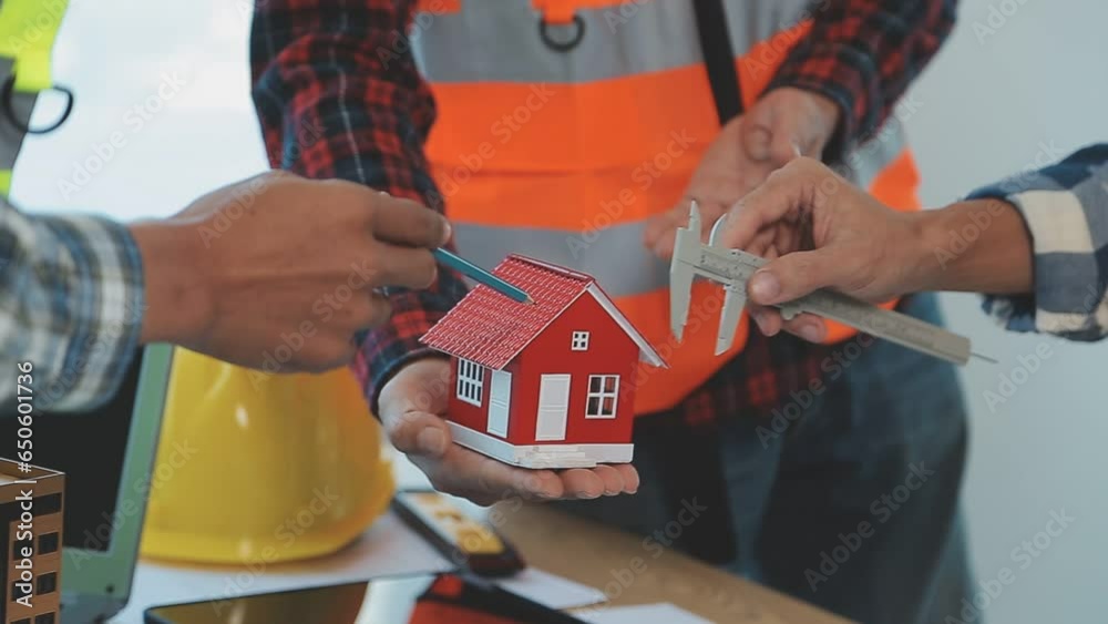Construction and structure concept of Engineer or architect meeting for project working with partner and engineering tools on model building and blueprint in working site, contract for both companies. Construction and structure concept of Engineer or architect meeting for project working with partner and engineering tools on model building and blueprint in working site, contract for both companies.