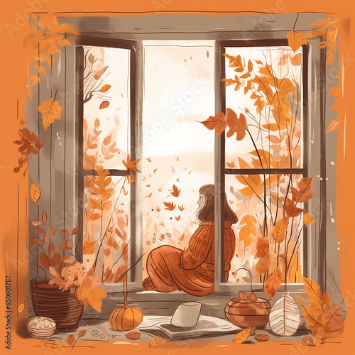 girl on the window in the autumn