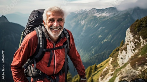 retired man, ascending a mountain