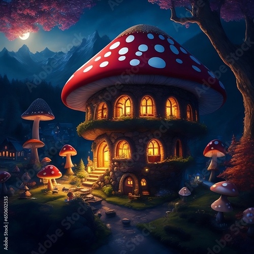 Fantasy fairy tale house with mushrooms in the forest at night.