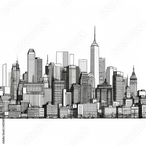 Towering skyscrapers dominate the cityscape in cartoon style isolated on a white background