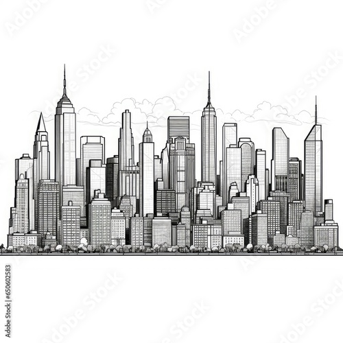 Towering skyscrapers dominate the cityscape in cartoon style isolated on a white background