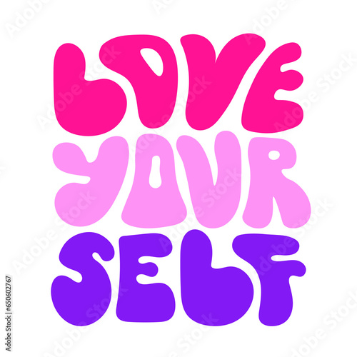 Love Yourself groovy lettering. Funny handwritten motivation phrase. Inspirational hand drawn text in retro style with dynamic shapes. Isolated vector illustration