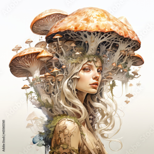Surrealistic Mushroom Head Woman.  Generative AI.
A digital rendering of a surrealistic portrait of a woman intergrated with mushrooms. photo