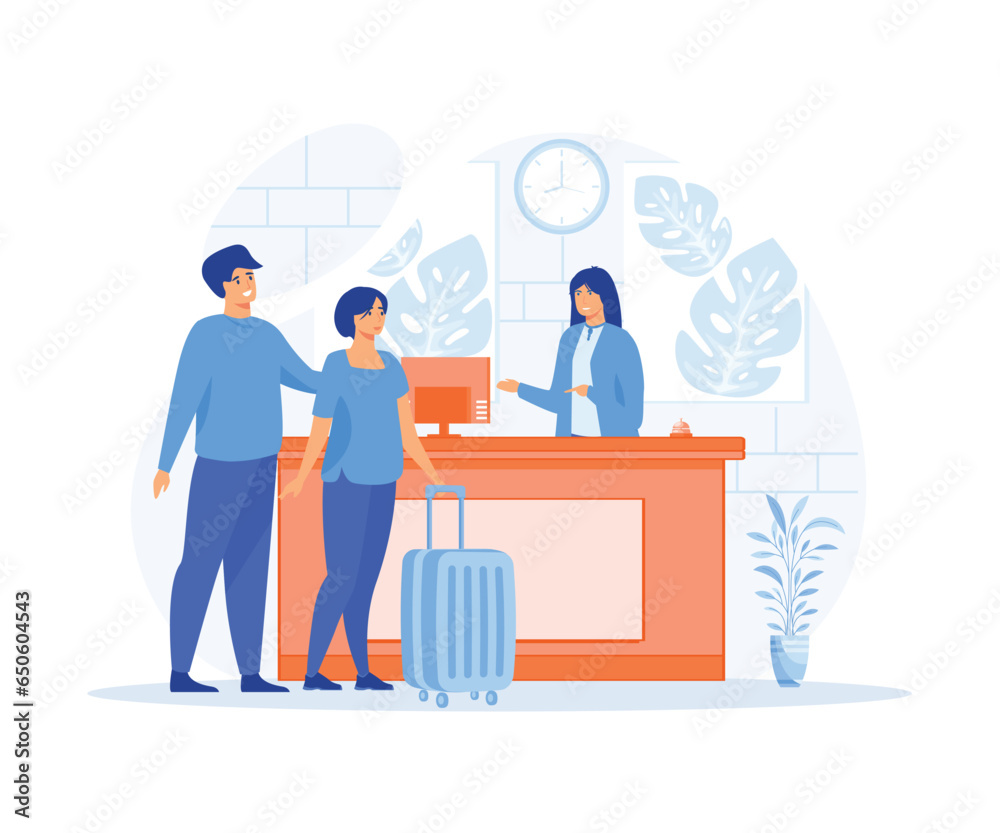 Hotel reception, traveler people standing at desk in office lobby room, guests talking with receptionist, registration, flat vector modern illustration Hotel reception, traveler people standing at desk in office lobby room, guests talking with receptionist, registration, flat vector modern illustration