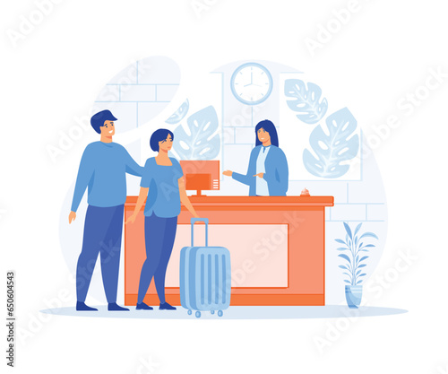 Hotel reception, traveler people standing at desk in office lobby room, guests talking with receptionist, registration,  flat vector modern illustration