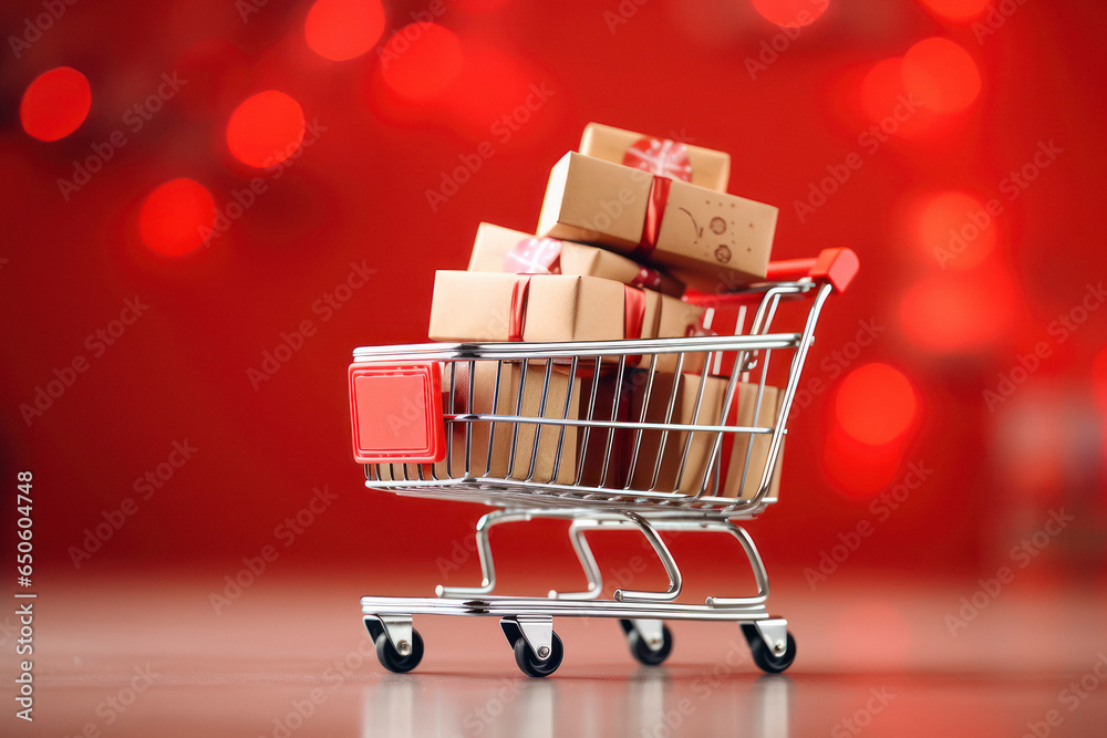 Boxes in shopping trolley on red background.