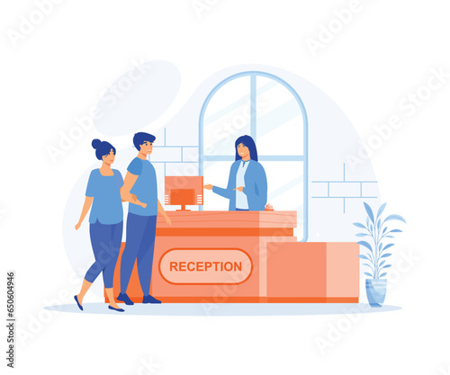 hotel receptionist concept, Pair of tourists or travelers standing at reception desk and talking to receptionist. Scene with guests at hotel lobby, flat vector modern illustration