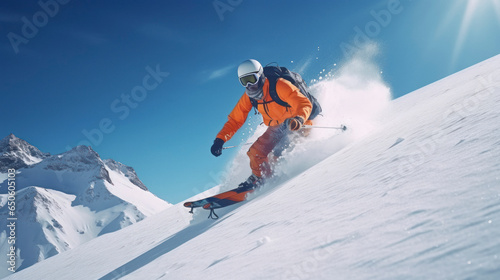 Skier skiing on a sunny day in high mountains.