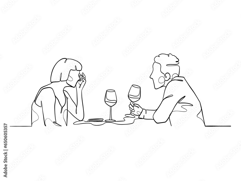 Continuous one line drawing of happy couple cheering glasses of wine. Vector illustration. Continuous one line drawing of happy couple cheering glasses of wine. Vector illustration.