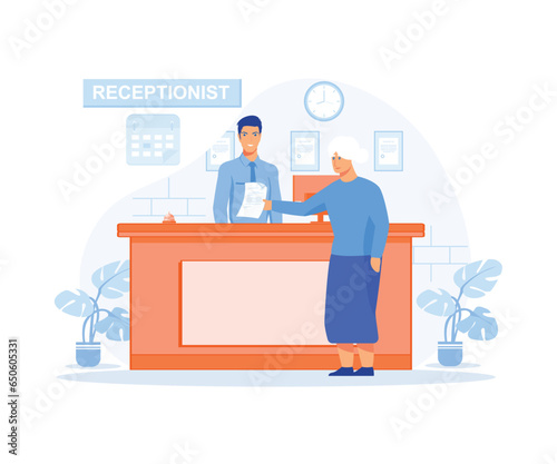 Hospital receptionist giving old woman information, checking in for appointment. Senior lady visiting medical clinic office, flat vector modern illustration