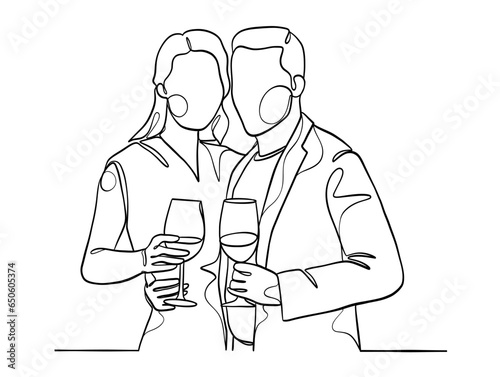 Continuous one line drawing of happy couple cheering glasses of wine. Vector illustration.