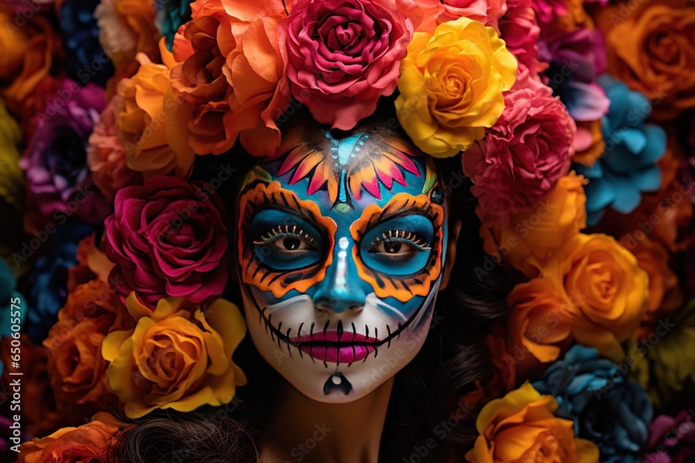 A girl with flowers and makeup to celebrate the Day of the Dead
