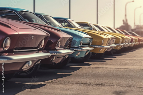 line of cars parked in the parking lot.