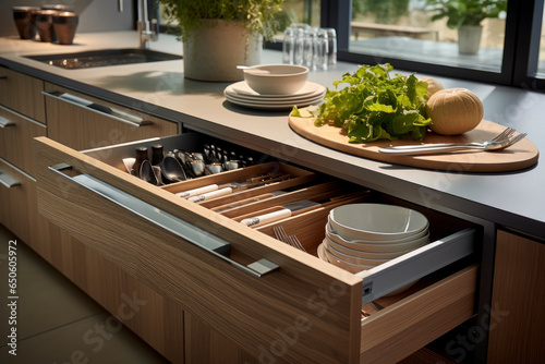 Modern kitchen drawer with kitchen accessories photo