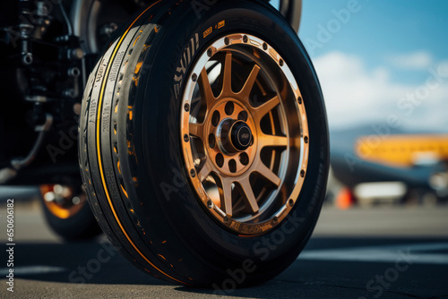 Close view of airplane tires on runway