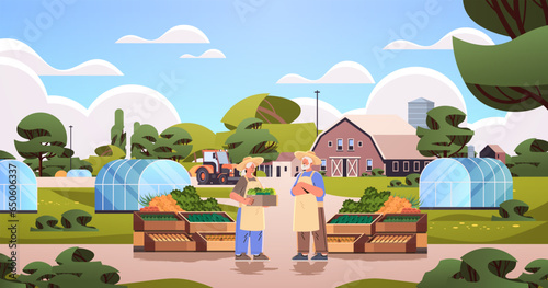 farmers holding basket full of fresh vegetables happy labor day celebration concept horizontal