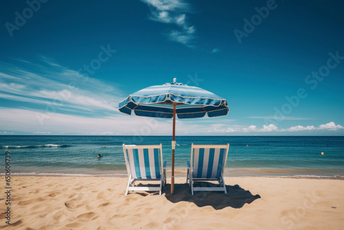 Deckchairs and umbrella on beach