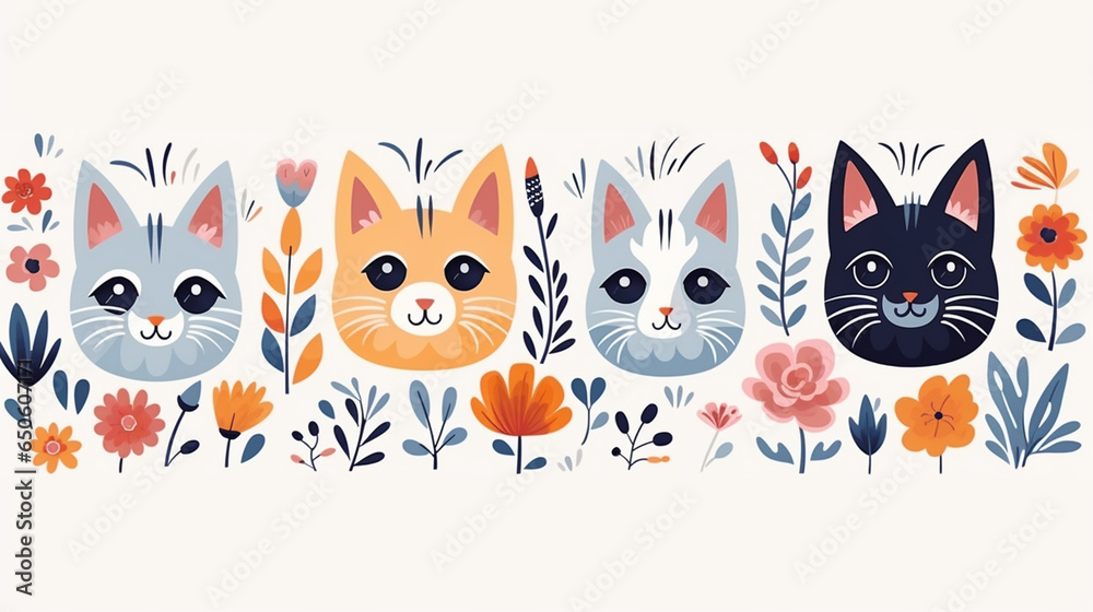 Cute wild Cat patterns collection with flowers decorative abstract on white background