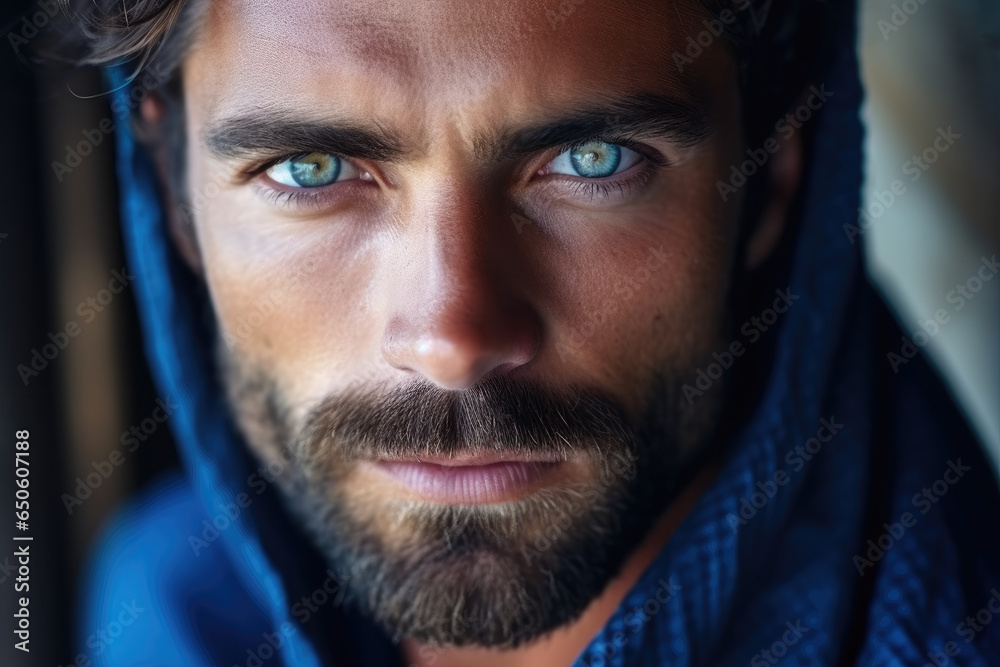 Close-Up Aufnahme eines Mannes mit braunen Haaren, Bart und blauen Augen - obrazy, fototapety, plakaty 