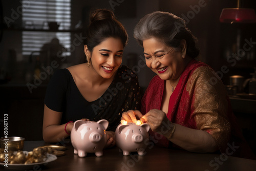 Indian senior woman sitting with her daughter and putting coin in piggy bank
