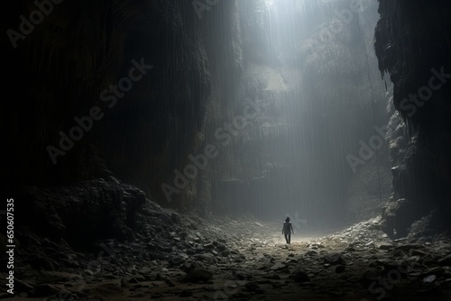 Man stands in the depths of a crevice. The sun light from above falls and illuminates him