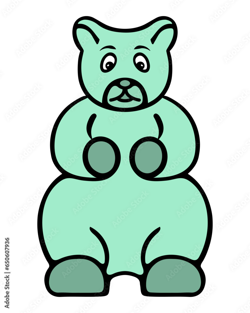 Marmalade bear. A sweet jelly treat in the shape of a green beast. Color vector illustration. Isolated background. Cartoon style. Delicious dessert for kids. Idea for web design.