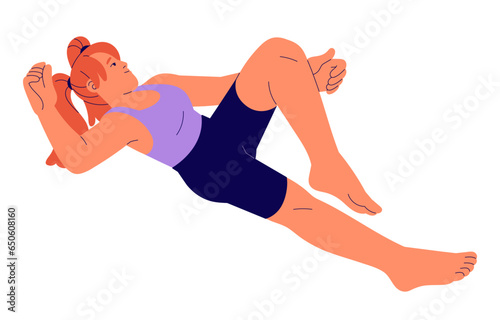 Redhead woman lying in pose: bent her knee. Girl relax in pajamas. Relaxed people dream while recreation. Happy female with ponytails rest. Flat isolated vector illustration on white background