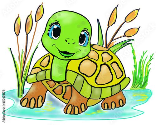 Tortue souriante, illustration couleurs.