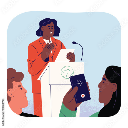 Politician reporting on tribune at international congress. Black woman speaking in assembly, speaker with public speech on stage. Mass media record interview. Flat isolated vector illustration