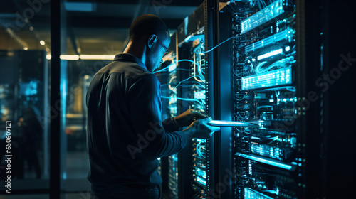 データセンターのネットワークとサイバーセキュリティ、サーバールームのコンピューターで働くエンジニア