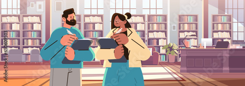 man woman teachers couple reading books in library happy labor day celebration concept horizontal