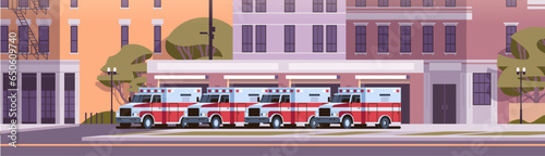 Fire station building fire department house facade and red emergency vehicle horizontal