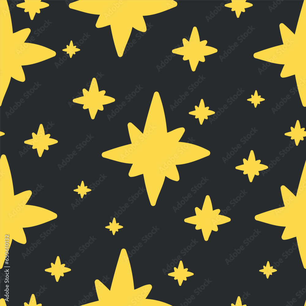 Seamless pattern of cute eight-pointed stars of different sizes on a dark background. Night sky, doodle hand drawn elements, wrapping paper, background. Seamless pattern of cute eight-pointed stars of different sizes on a dark background. Night sky, doodle hand drawn elements, wrapping paper, background.